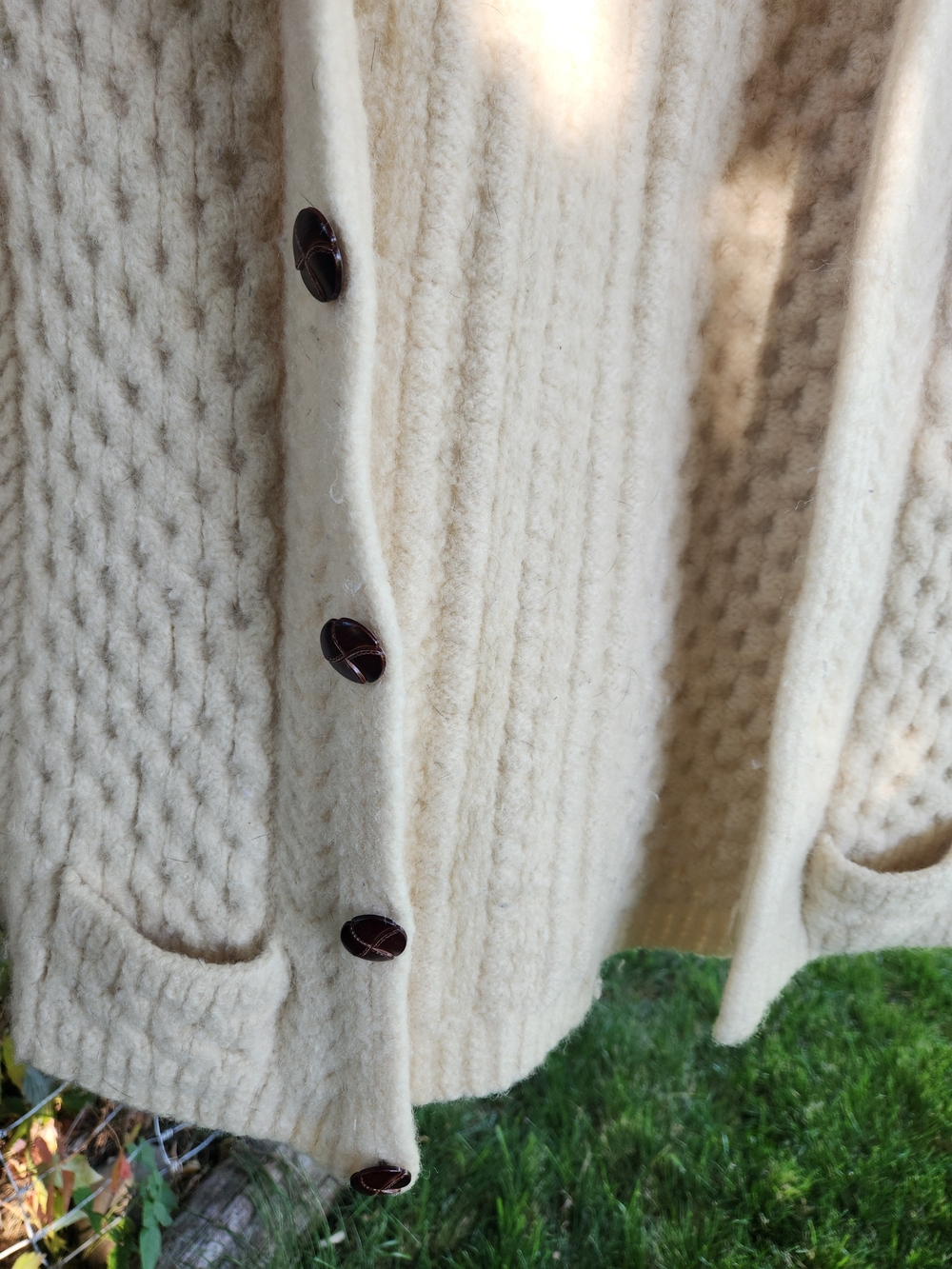 Vintage Handmade Heavy 100% Sheep Wool Cardigan Sweater Jacket Flawless Cream - Picture 5 of 10